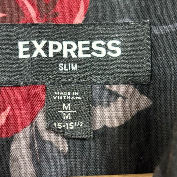 Express Mens Rose Floral Slim Fit Button Shirt M Red Black Short Sleeve Bold - Picture 3 of 6